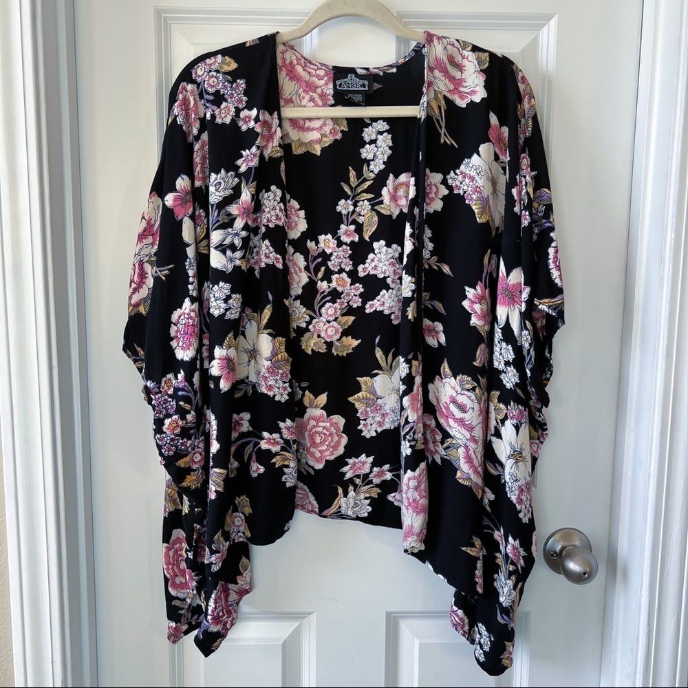 Angie black floral kimono robe